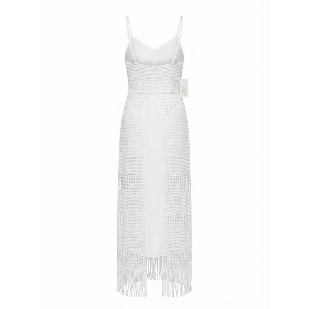 NWT Guess Emely White Midi  L Dress Spaghetti Strap Fringe Crochet W0GK32WCTN0